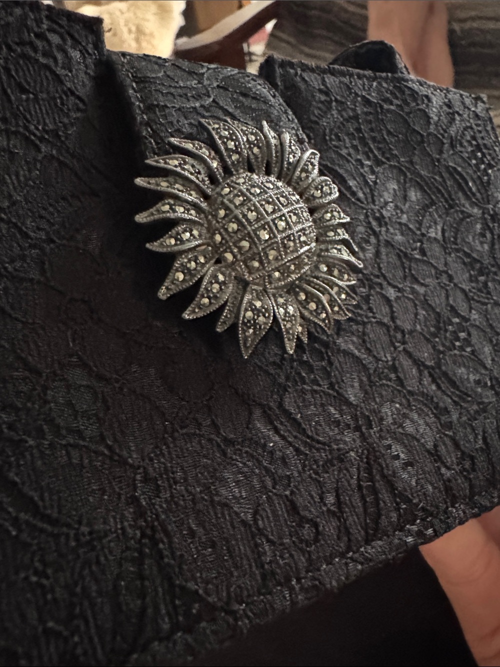Vintage Judith Jack Black Lace Evening Bag Marcasite Sunflower Clasp , Italy - Picture 10 of 11